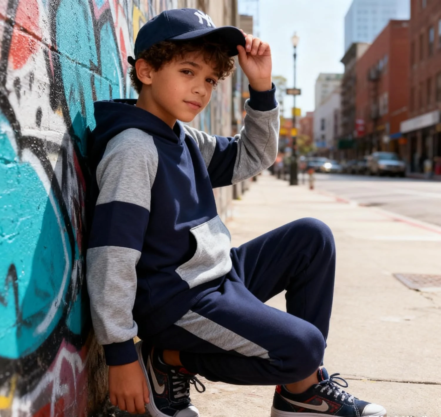 ست لباس پسرانه پاییزه و زمستانه شامل هودی آستین بلند کلاه دار با طرح رنگی و شلوار، مناسب برای پسران 5 تا 11 سال