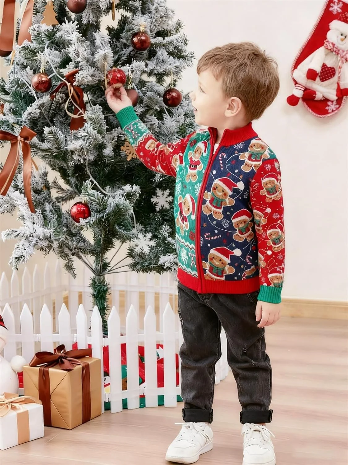 ژاکت بافتنی زیپ‌دار پسرانه مخصوص کریسمس، لباس زمستانی