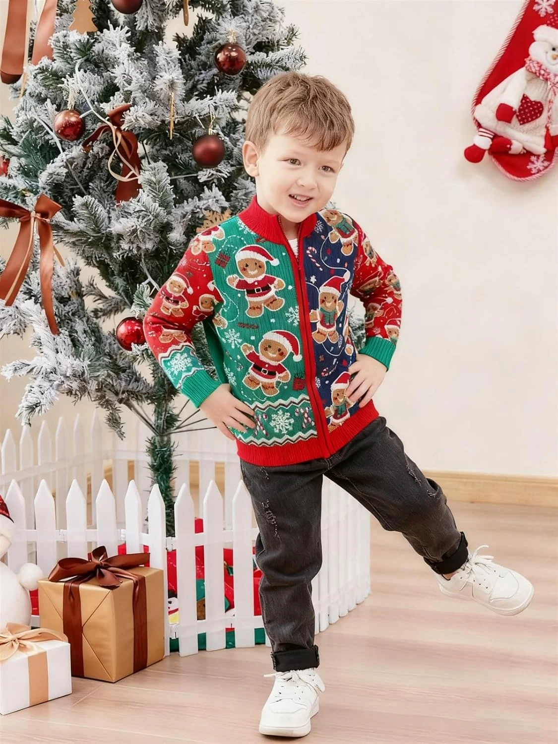 ژاکت بافتنی زیپ‌دار پسرانه مخصوص کریسمس، لباس زمستانی