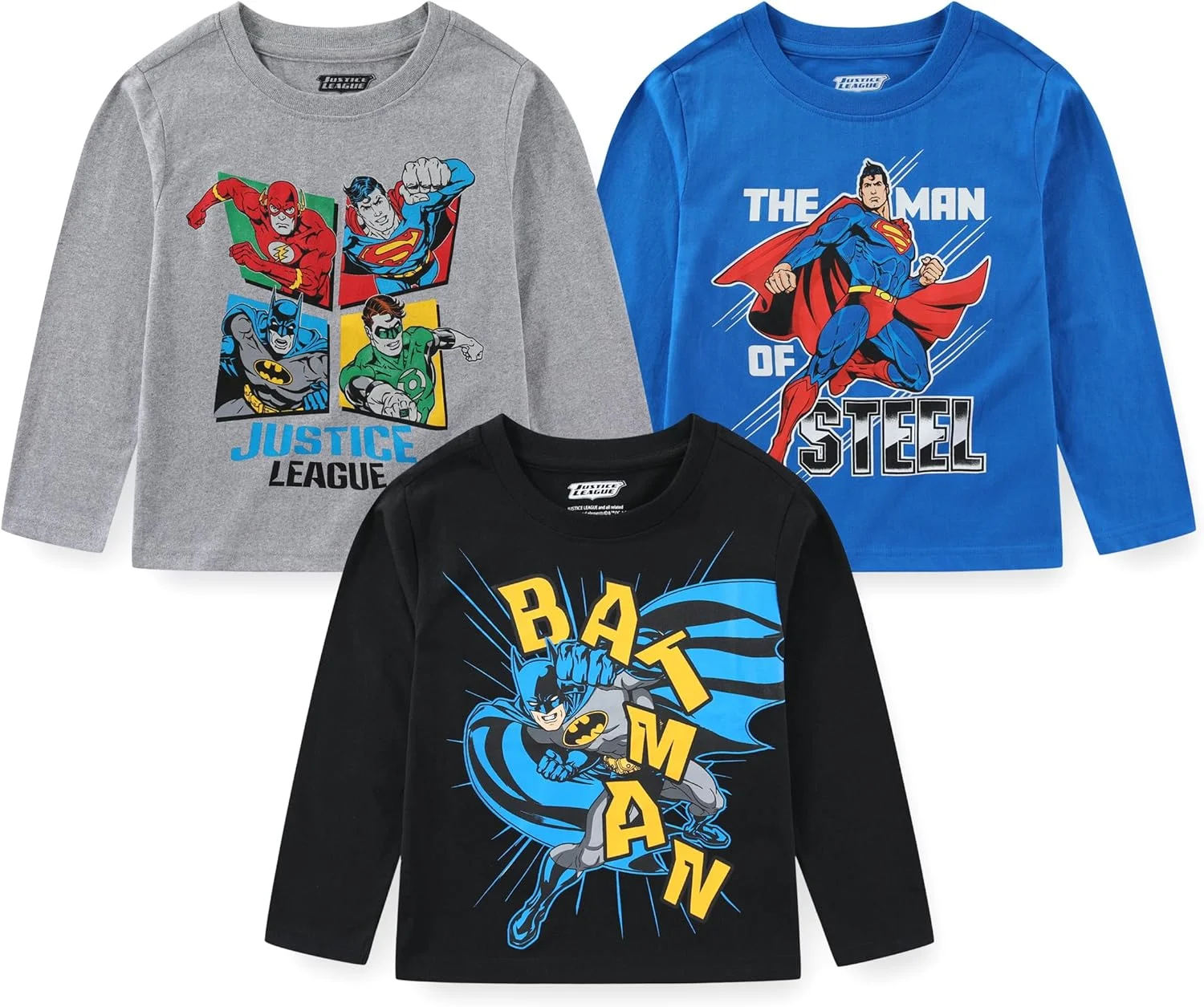 ست 3 تایی آستین بلند پسرانه لیگ عدالت وارنر برادرز، بتمن، سوپرمن، فلش، گرین لنترن، مناسب کودکان نوپا و بزرگ