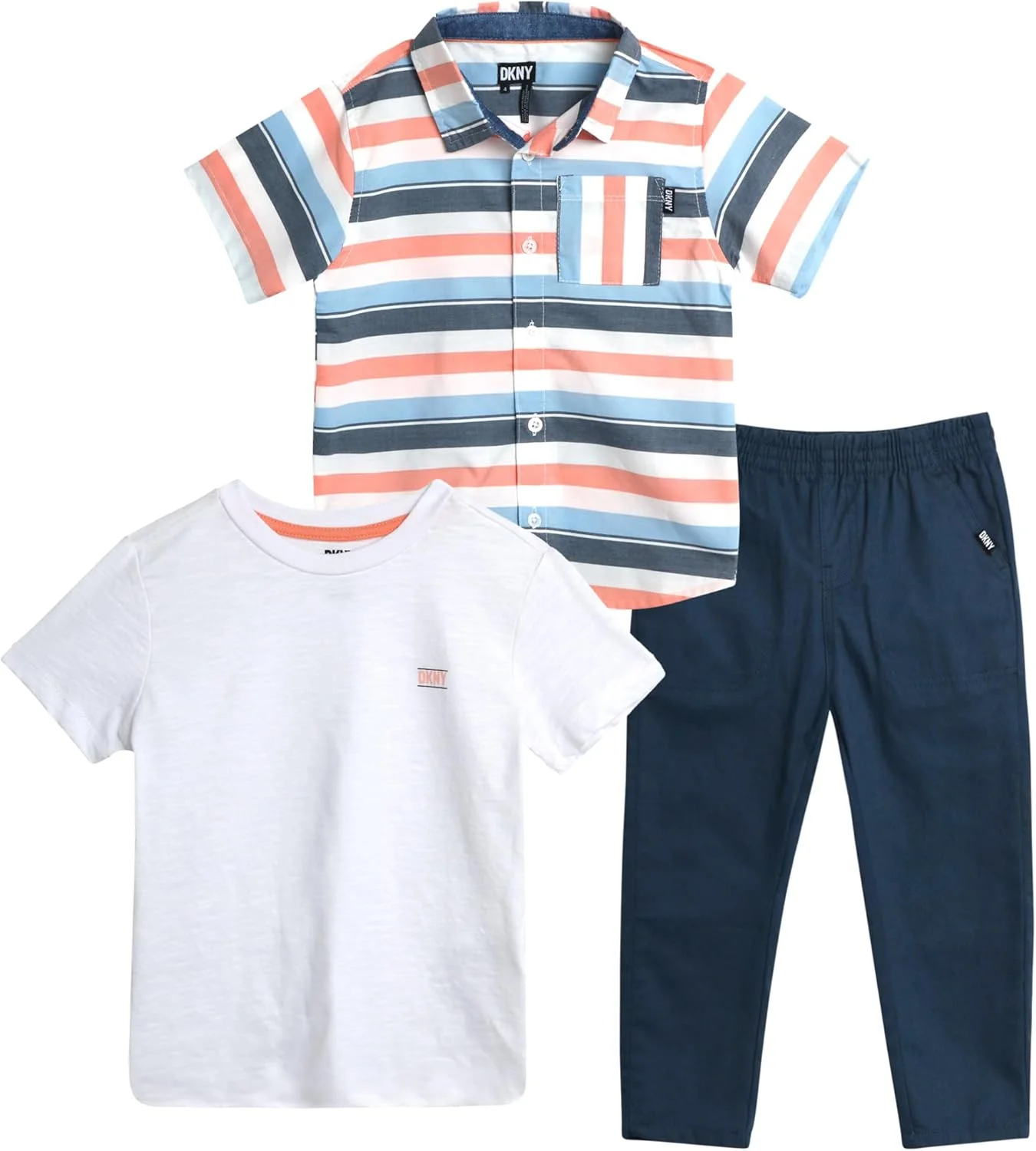 ست شلوار پسرانه DKNY - شامل پیراهن آستین کوتاه دکمه دار، تیشرت غیر رسمی و شلوار کتان کشی برای پسران نوپا (سایز 2T-7)