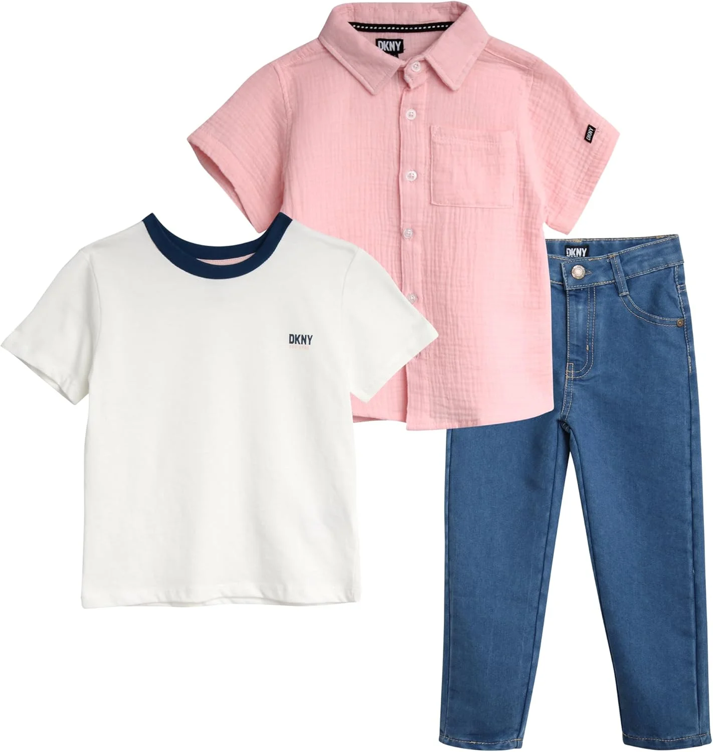 ست لباس پسرانه DKNY - شامل پیراهن آستین کوتاه دکمه دار، تیشرت و شلوار جین کشی - ست لباس برای پسران (2T-7)