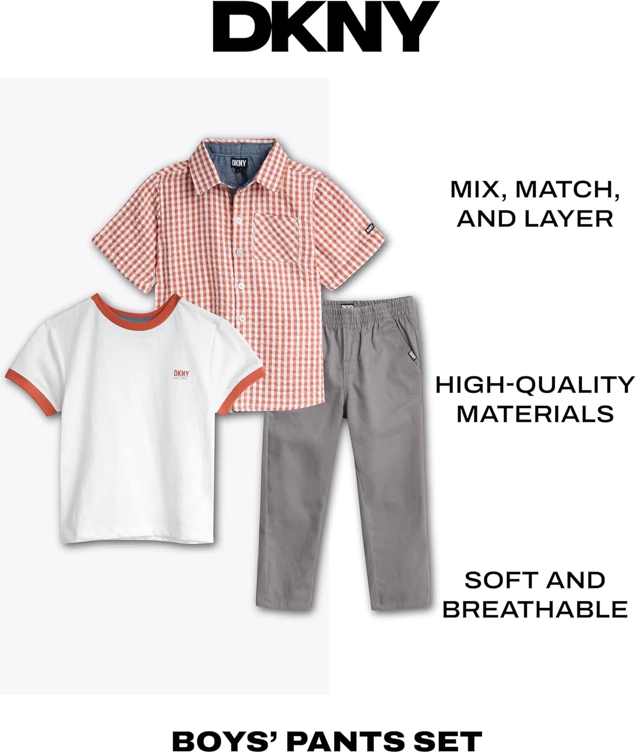 ست شلوار پسرانه DKNY - شامل پیراهن آستین کوتاه دکمه دار، تیشرت غیر رسمی و شلوار کتان کشی برای پسران نوپا (سایز 2T-7)