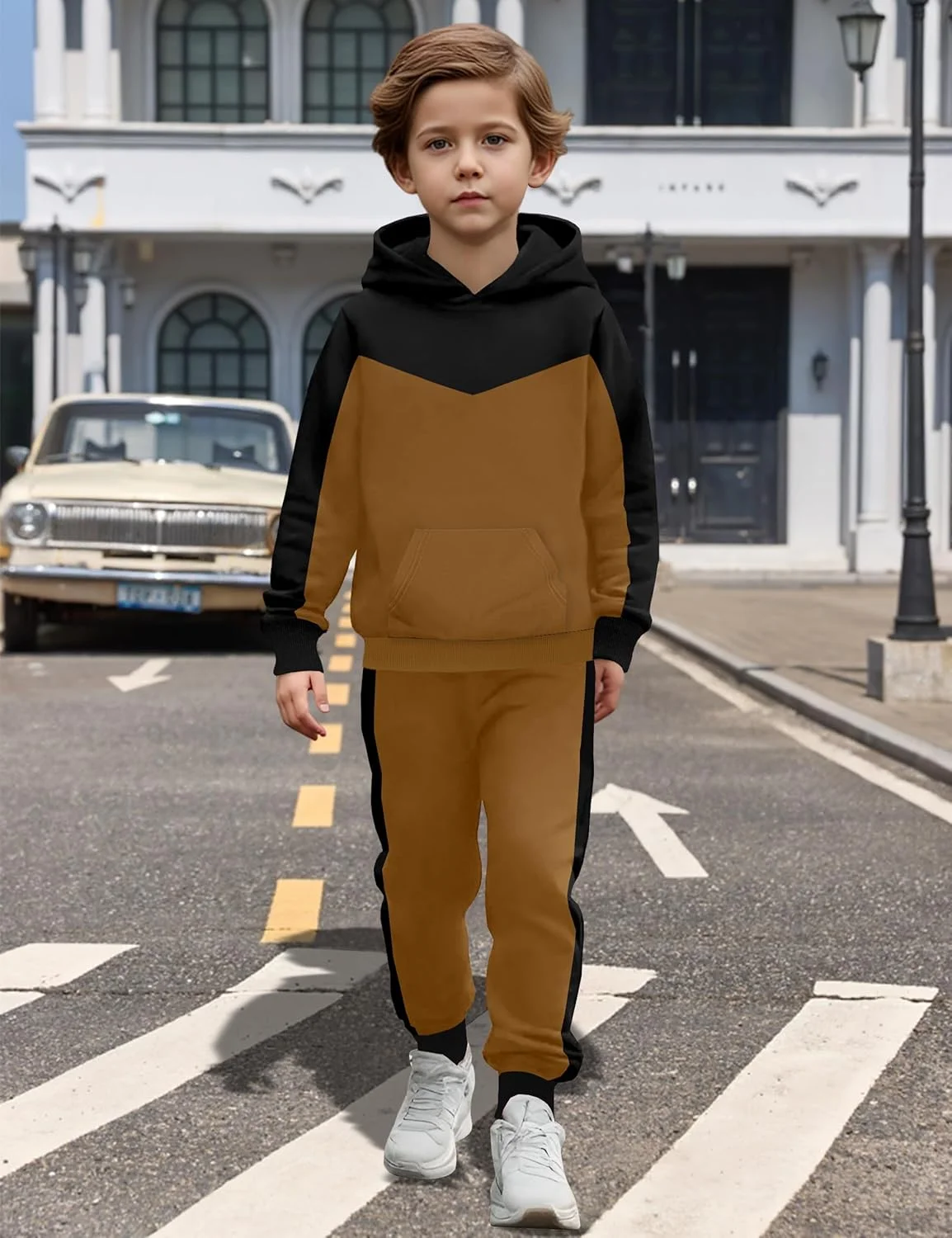 ست لباس پسرانه شامل هودی آستین بلند و شلوار، طرح رنگی، مناسب پاییز و زمستان، سایز 5 تا 10 سال