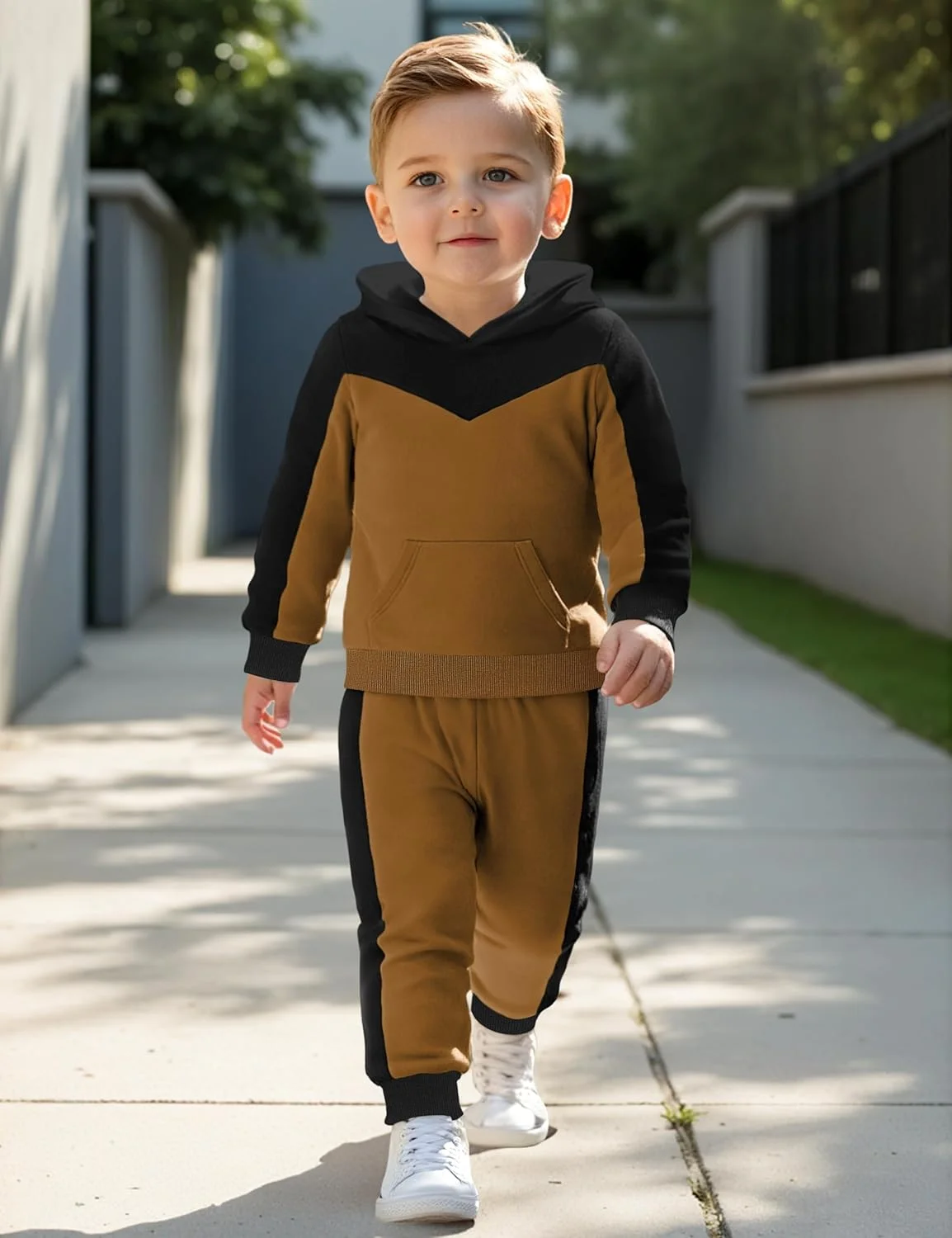 ست لباس پسرانه شامل هودی آستین بلند و شلوار، طرح رنگی، مناسب پاییز و زمستان، سایز 5 تا 10 سال