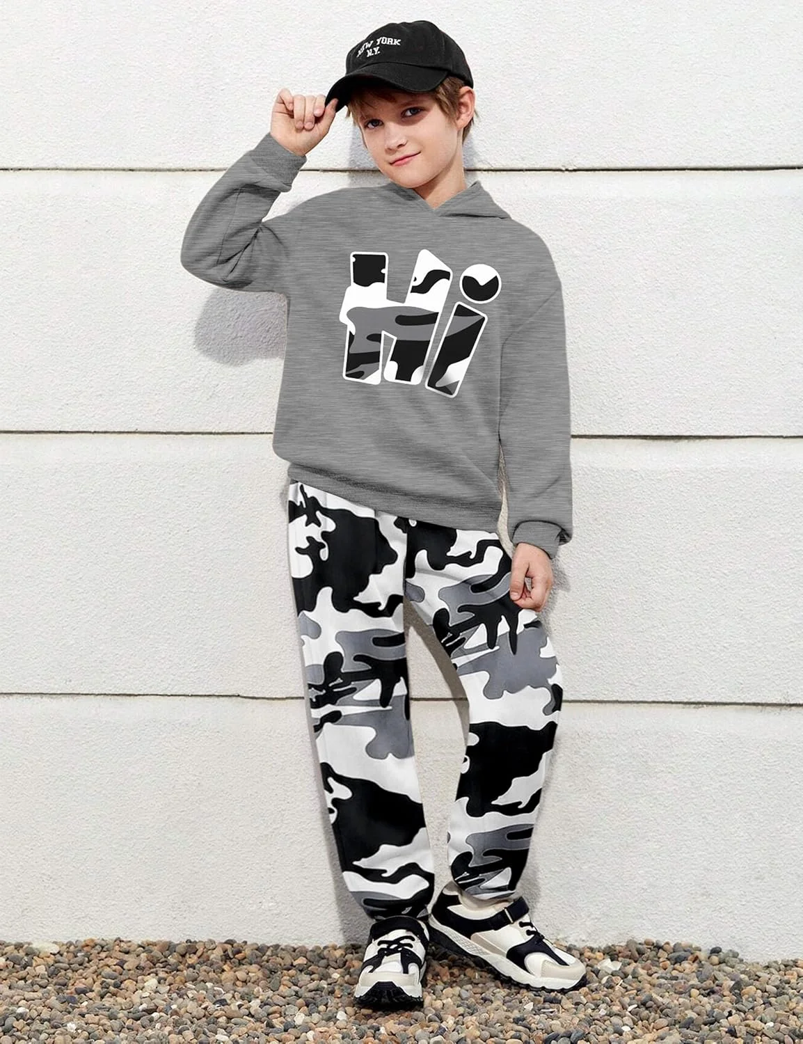 ست لباس پسرانه طرح ارتشی، هودی و شلوار با چاپ حروف، مناسب برای پسران ۷ تا ۱۴ سال