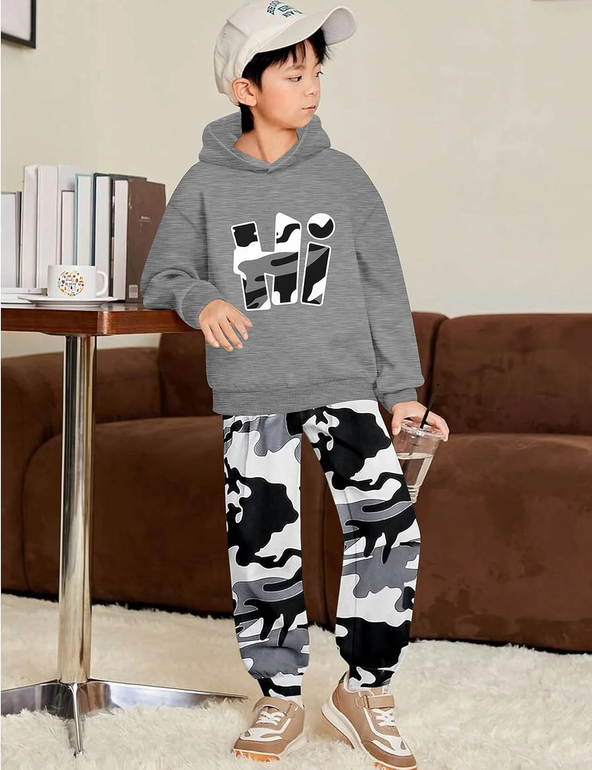 ست لباس پسرانه طرح ارتشی، هودی و شلوار با چاپ حروف، مناسب برای پسران ۷ تا ۱۴ سال