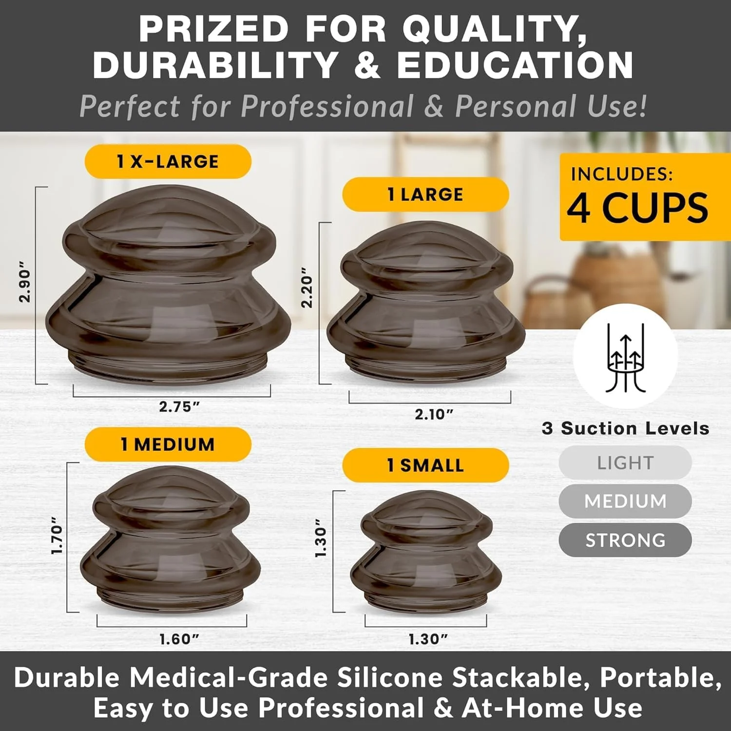 مجموعه لوازم جانبی حجامت لور اسنشیالز مدل Edge - کیت حجامت برای ماساژ درمانی - مجموعه حجامت سیلیکونی - فنجان های ماساژ برای حجامت درمانی (مجموعه 4 عددی، اونیکس)