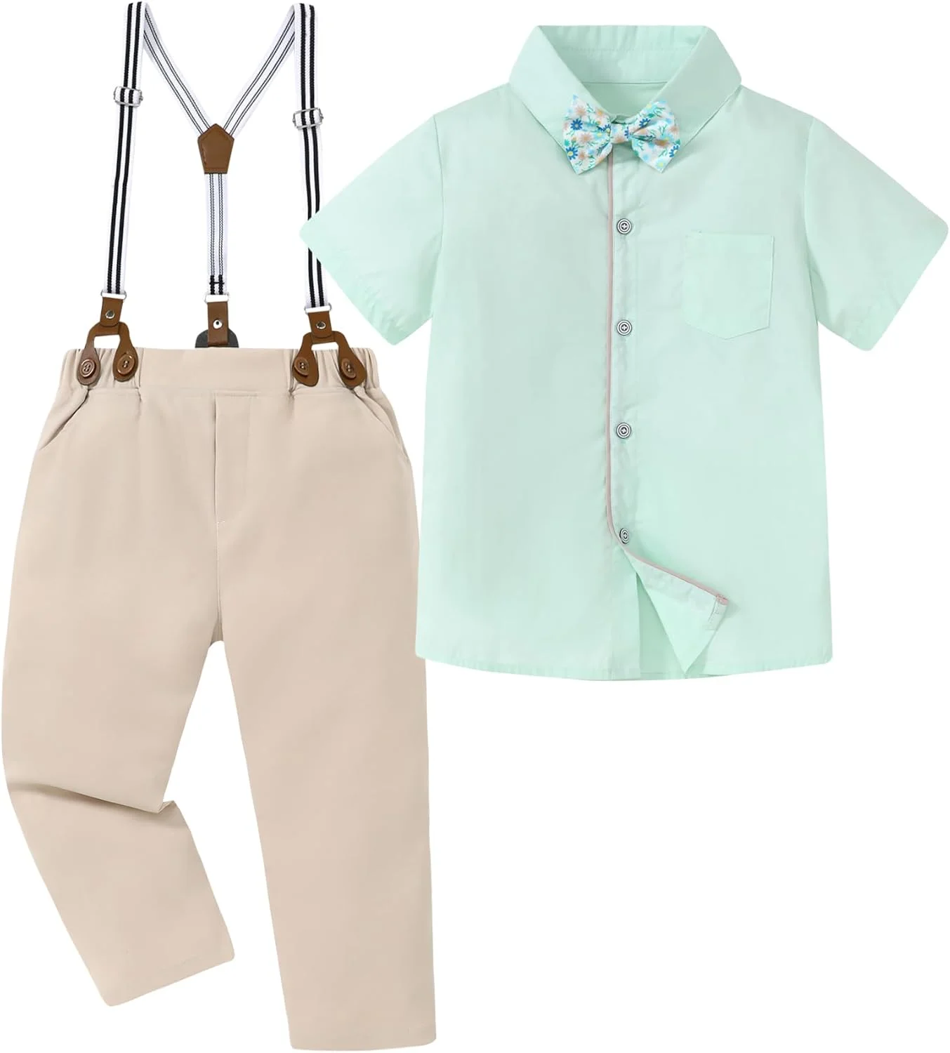 ست سه تکه پسرانه شامل شلوار ساسپندر دار، پیراهن آستین کوتاه یقه دار و پاپیون مناسب برای پسران 3 تا 8 سال