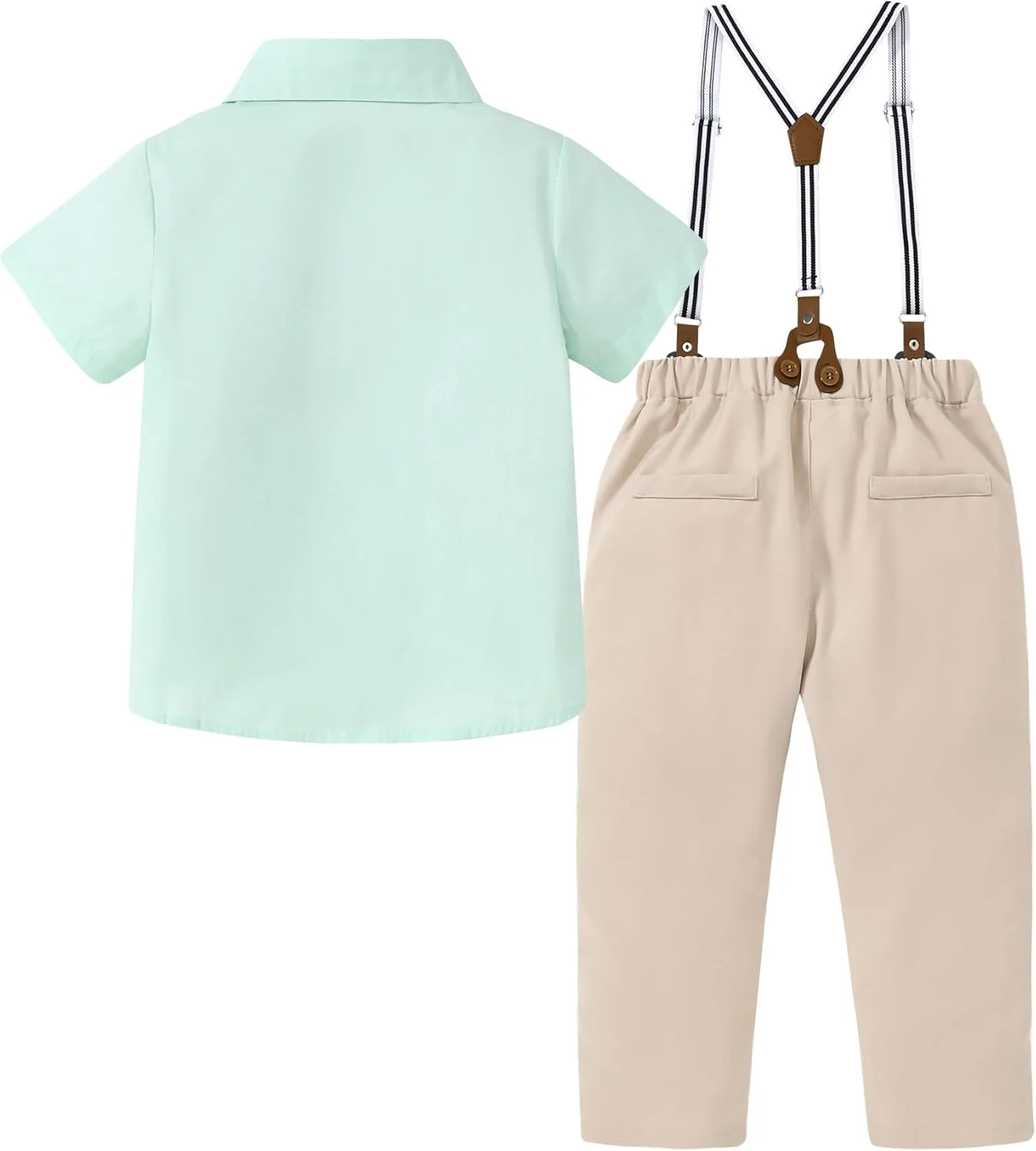 ست سه تکه پسرانه شامل شلوار ساسپندر دار، پیراهن آستین کوتاه یقه دار و پاپیون مناسب برای پسران 3 تا 8 سال