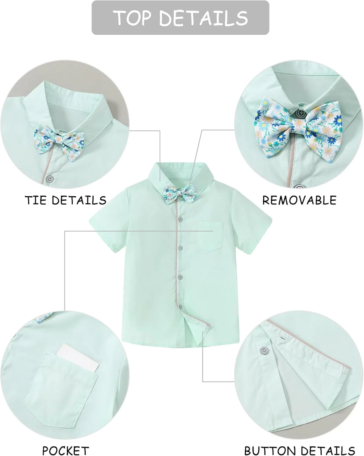 ست سه تکه پسرانه شامل شلوار ساسپندر دار، پیراهن آستین کوتاه یقه دار و پاپیون مناسب برای پسران 3 تا 8 سال