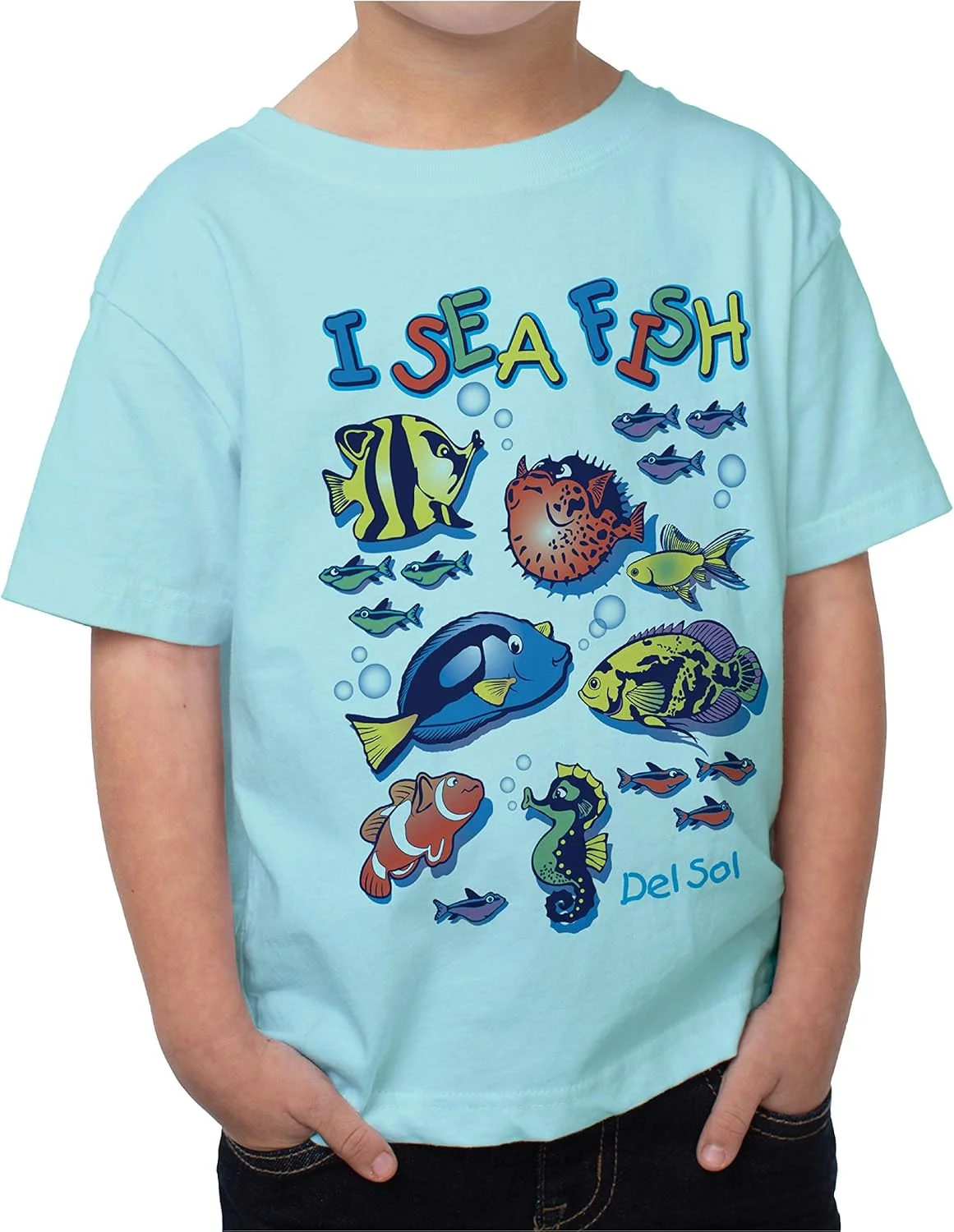 تی شرت آستین کوتاه پسرانه Del Sol - طرح ماهی، آبی - تغییر رنگ از آبی به رنگ های زنده در نور خورشید - 100% پنبه شانه شده، بافته شده، پارچه نرم، برش راحت - سایز 4T