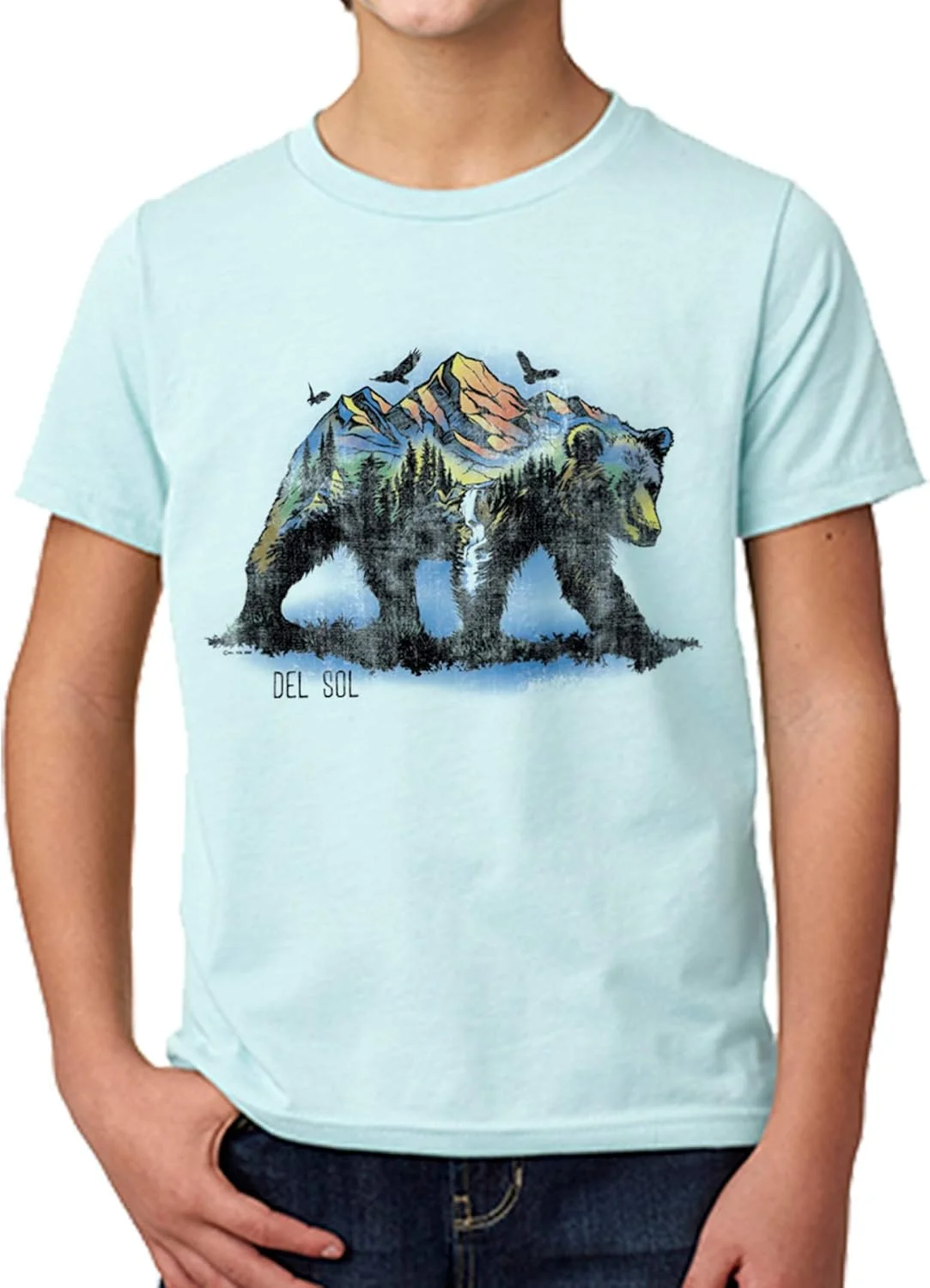 تی شرت آستین کوتاه بچگانه DelSol - طرح خرس - آبی یخی - تغییر رنگ با نور خورشید - 100% پنبه رینگ-اسپان شانه شده از قبل آب رفته - یقه کشبافت - سایز YM - یک عدد