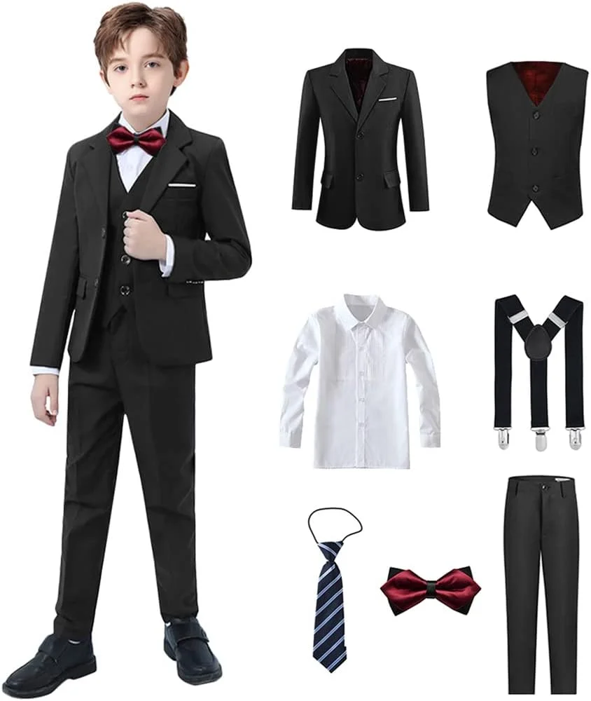 ست کت و شلوار مشکی پسرانه، مدل اسلیم فیت رسمی، مناسب کودکان و نوجوانان، شامل 7 تکه: جلیقه، شلوار، کت، به همراه اکسسوری