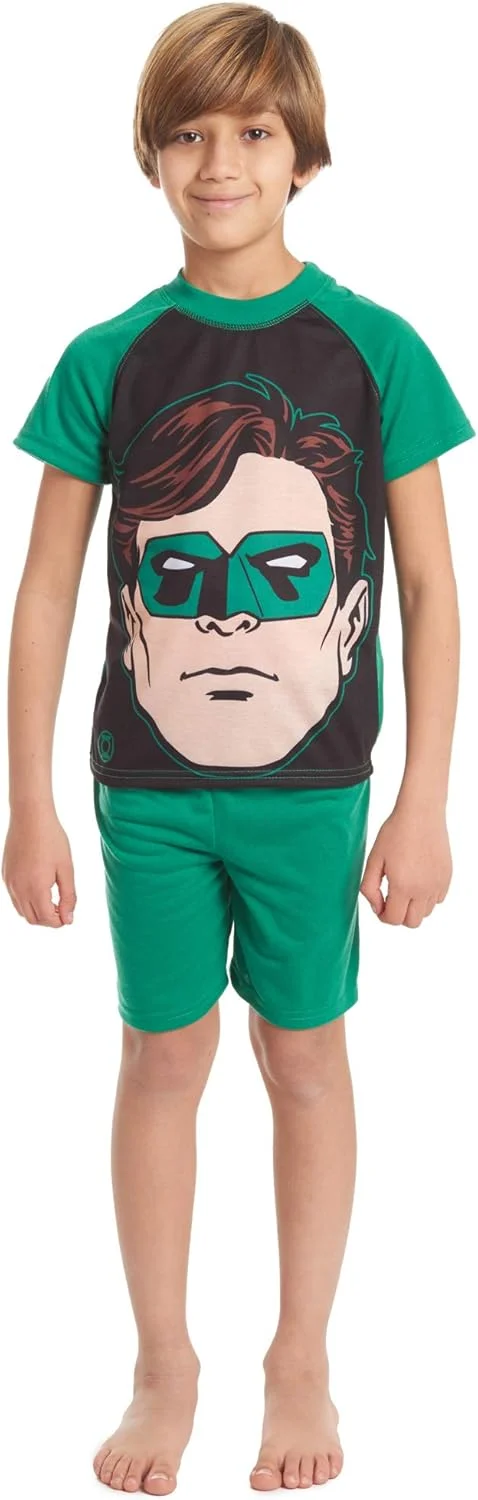 ست تی‌شرت آستین رگلان و شلوارک طرح بتمن، گرین لنترن و سوپرمن از لیگ عدالت دی‌سی کامیکس