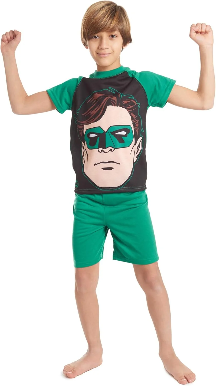 ست تی‌شرت آستین رگلان و شلوارک طرح بتمن، گرین لنترن و سوپرمن از لیگ عدالت دی‌سی کامیکس