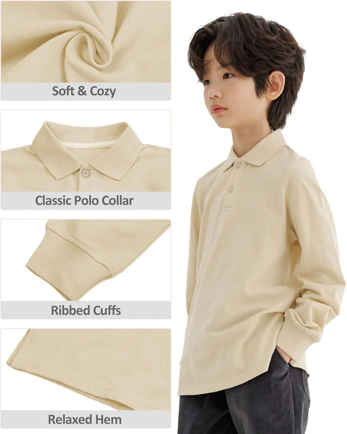 پلیور آستین بلند پسرانه CUNYI، تیشرت یقه دار پنبه ای مناسب لباس فرم مدرسه