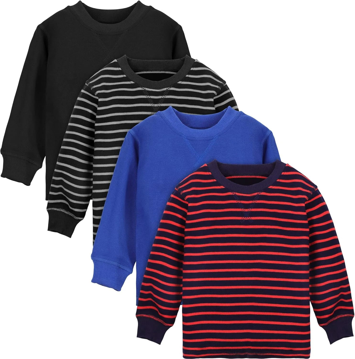 ست 4 عددی تیشرت آستین بلند پسرانه Cooraby، راه راه و ساده، تیشرت های نخی نرم برای کودکان