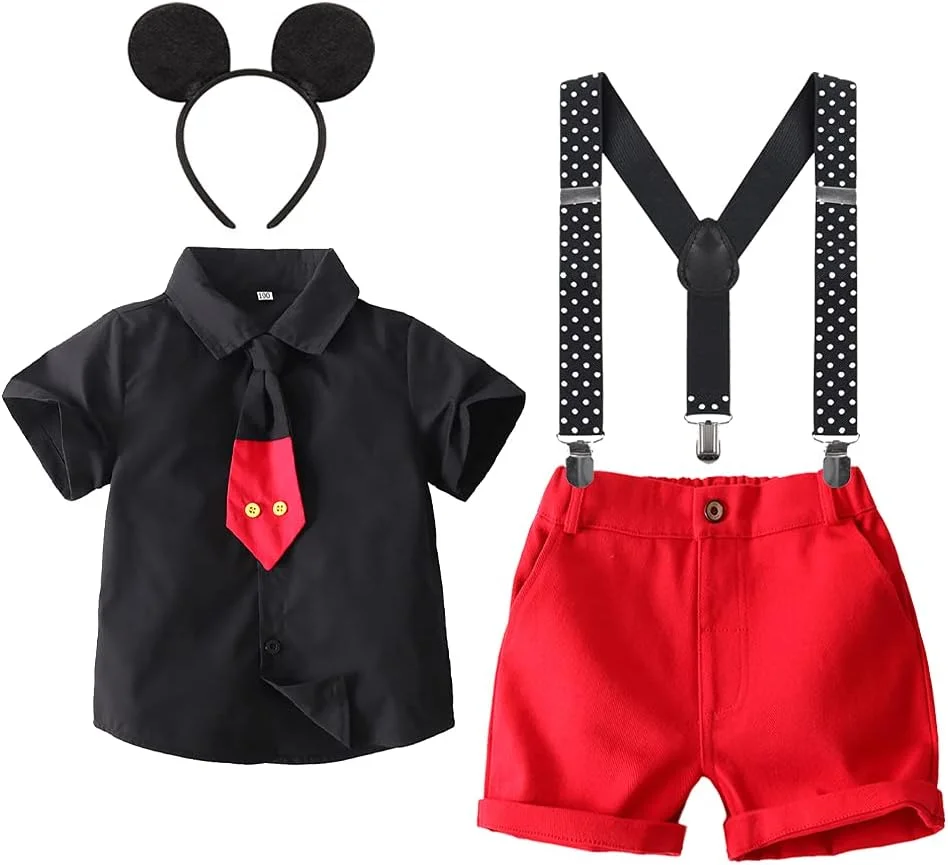 ست لباس رسمی 4 تکه پسرانه شامل پیراهن آستین کوتاه به همراه کراوات، بند شلوار Y شکل، شلوارک و هدبند مناسب جشن تولد