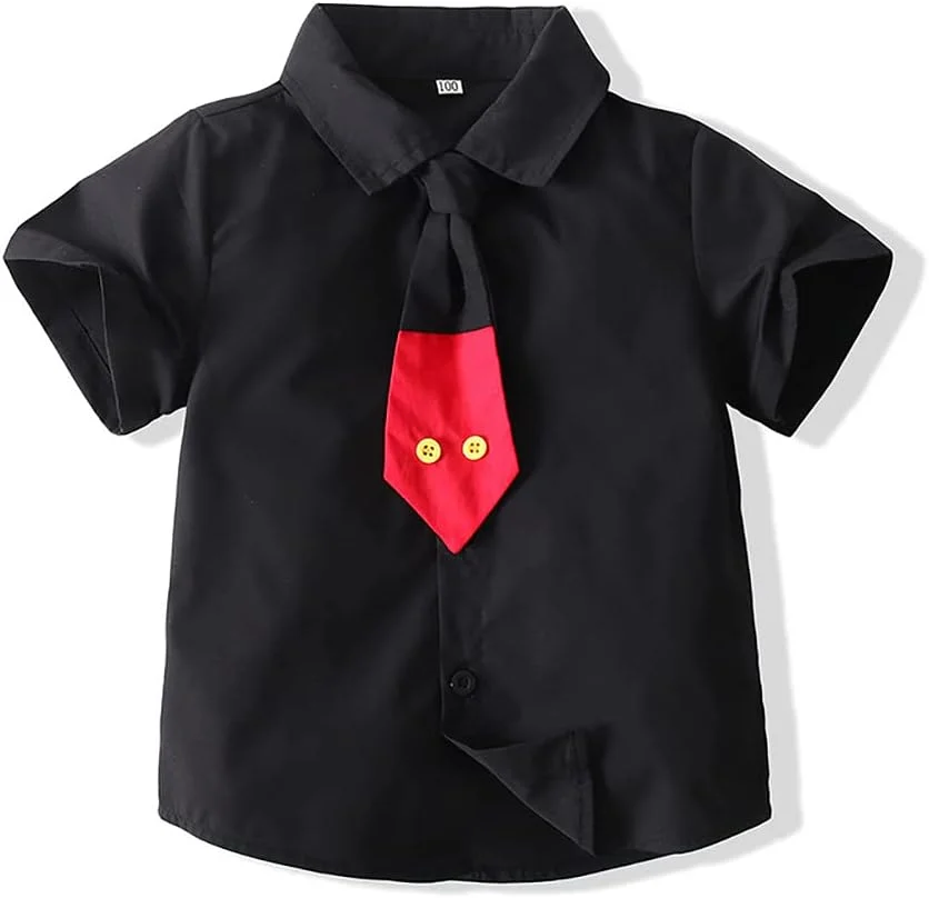 ست لباس رسمی 4 تکه پسرانه شامل پیراهن آستین کوتاه به همراه کراوات، بند شلوار Y شکل، شلوارک و هدبند مناسب جشن تولد
