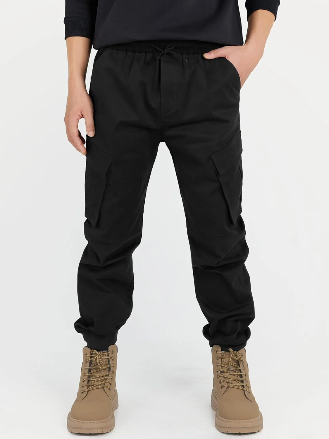 شلوار کارگو کشی پسرانه کملاکی، شلوار جاگرز توییل نوجوانان مدرسه با کمر کشی و بند دار