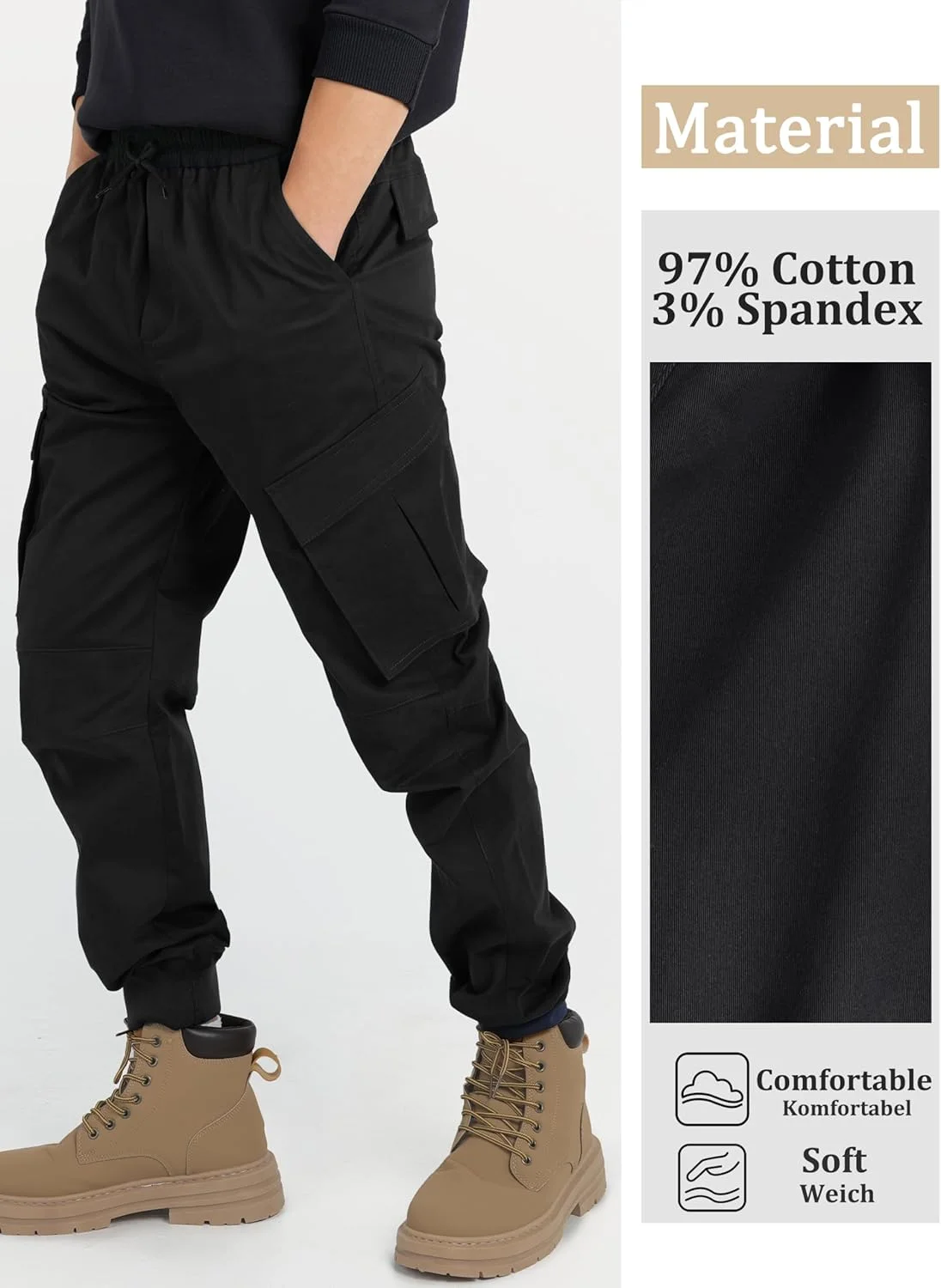 شلوار کارگو کشی پسرانه کملاکی، شلوار جاگرز توییل نوجوانان مدرسه با کمر کشی و بند دار