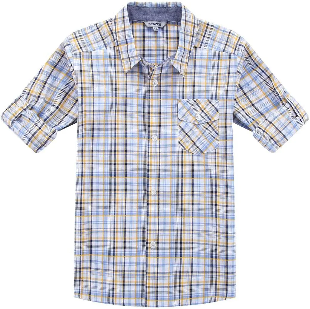 پیراهن آستین بلند پسرانه دکمه دار طرح چهارخانه