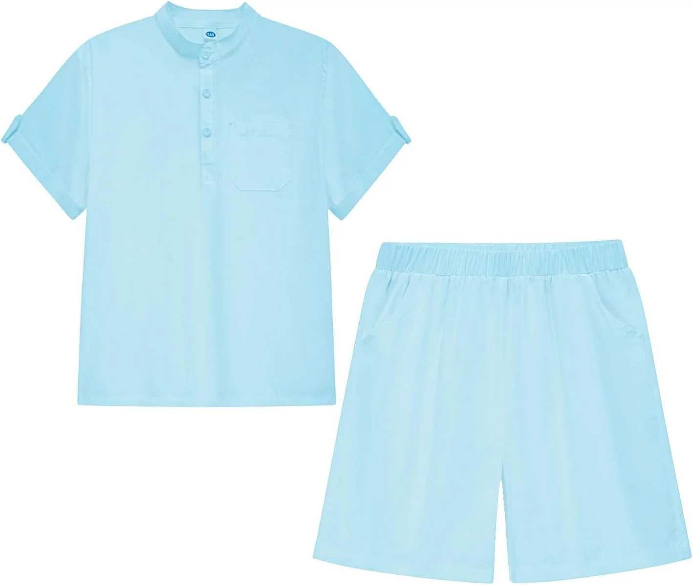 ست دو تکه پسرانه شامل تیشرت یقه هنلی آستین کوتاه و شلوارک، مناسب برای تابستان