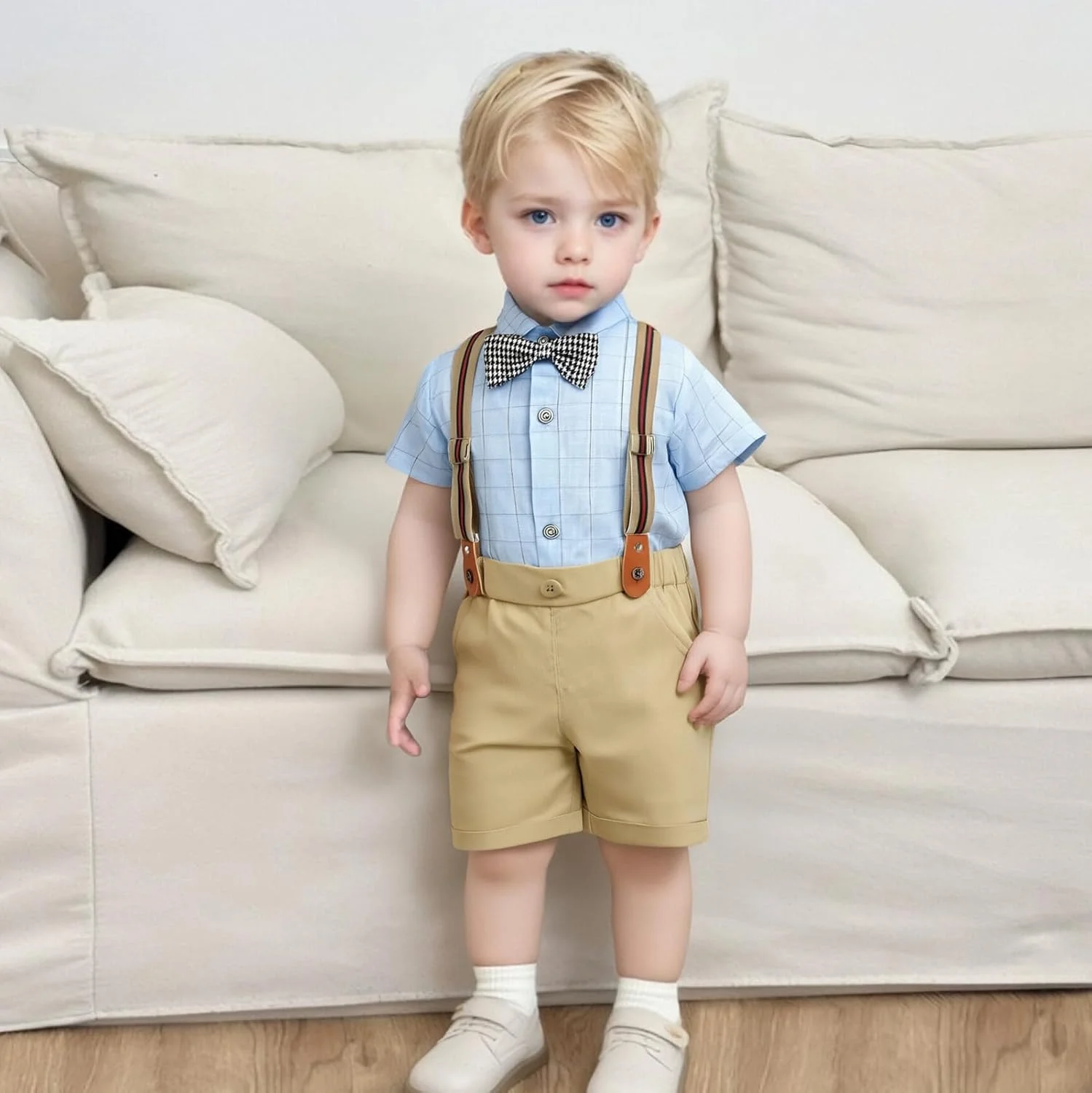 AmzBarley لباس پسرانه نوزادی، لباس تابستانی بچه گانه، پیراهن پاپیون دار پسرانه و ست پیشبند، لباس دو تکه کودکانه