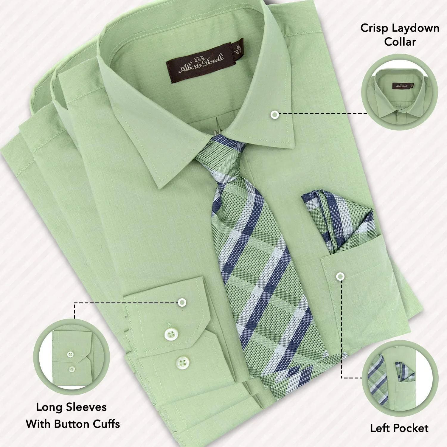 پیراهن مجلسی پسرانه آلبرتو دانلی به همراه کراوات و دستمال جیبی ست، آستین بلند دکمه دار، جیب