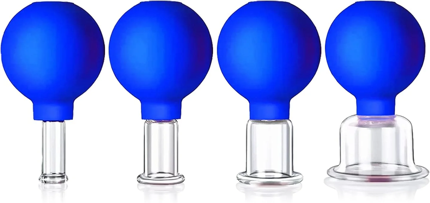 مجموعه لیوان ماساژ صورت در ۴ سایز، مناسب ماساژ صورت و چشم، ضد سلولیت - ماساژ با لیوان سیلیکونی، برای ماساژ بافت همبند (جلد نرم - آبی)