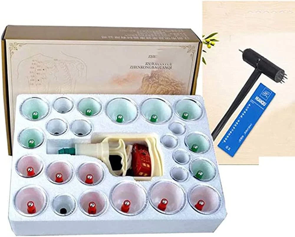 مجموعه حجامت با 24 لیوان حجامت پلاستیکی با پمپ خلاء و آهنرباهای درمانی - مجموعه حجامت حرفه ای/پزشکی/مجموعه حجامت خلاء/درمان فاسیا، شفاف