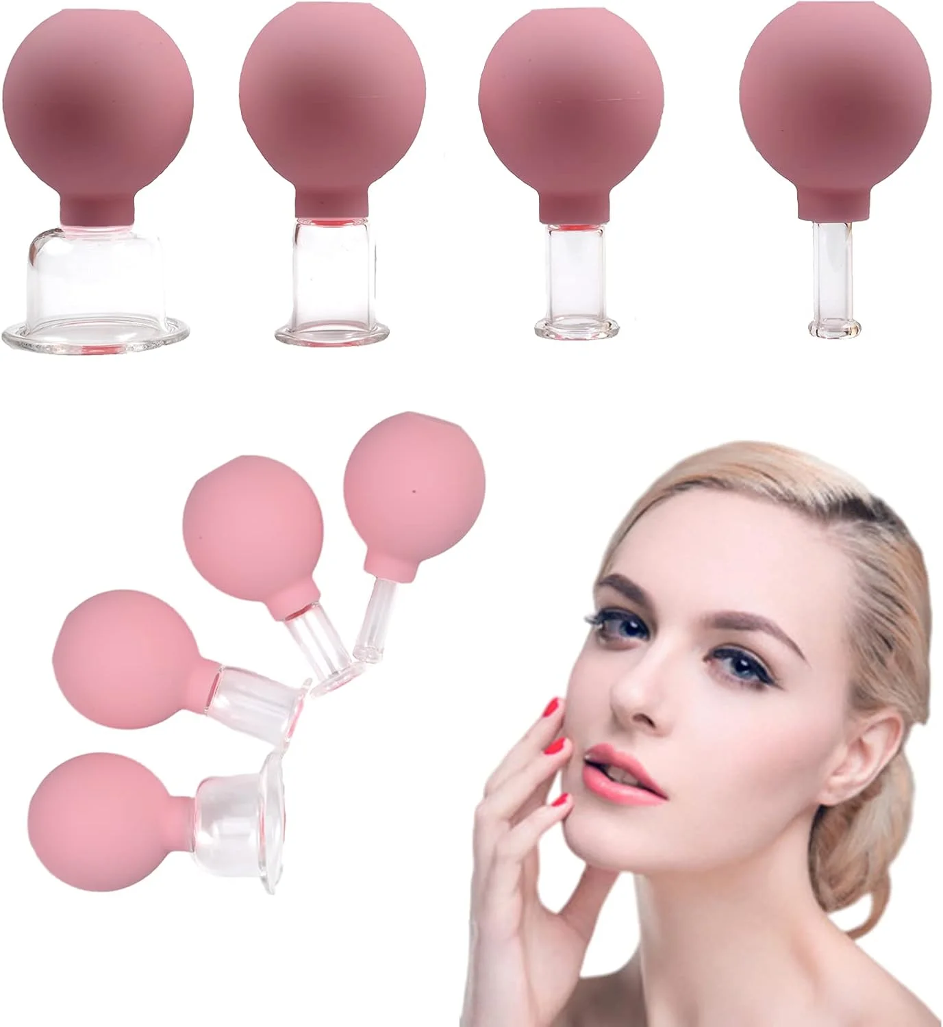 مجموعه ۴ عددی لیوان حجامت صورت، لیوان ماساژ صورت شیشه ای خلاء، مجموعه لیوان حجامت شیشه ای، لیوان ماساژ مکش خلاء سیلیکونی برای صورت/چشم/بدن (بسته ۴ عددی)