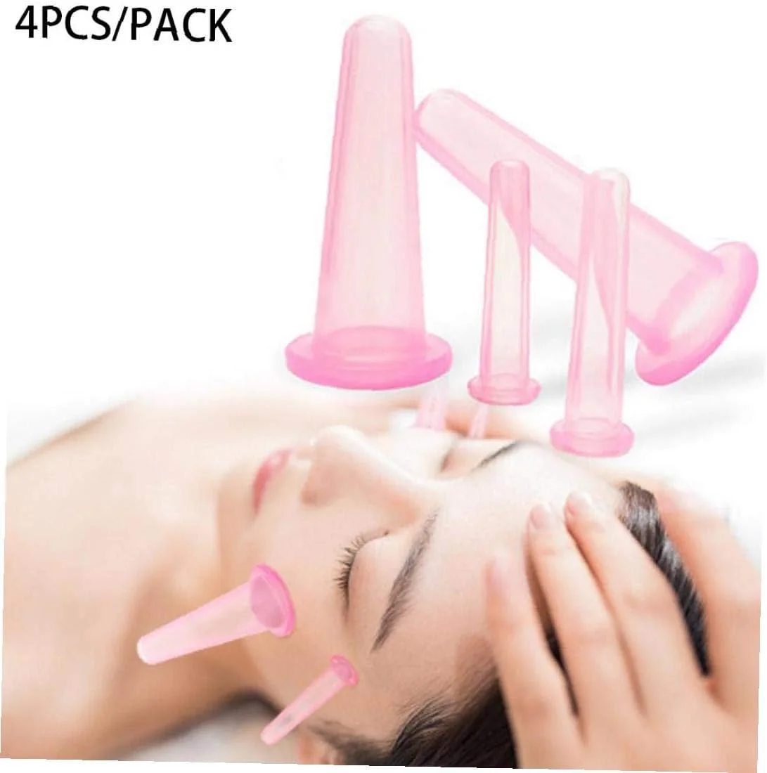ست ماساژ صورت سیلیکونی، شامل 4 عدد کاپ ماساژ صورت و چشم، ابزار زیبایی مراقبت از پوست طبیعی (صورتی)، دارای مکش دستی