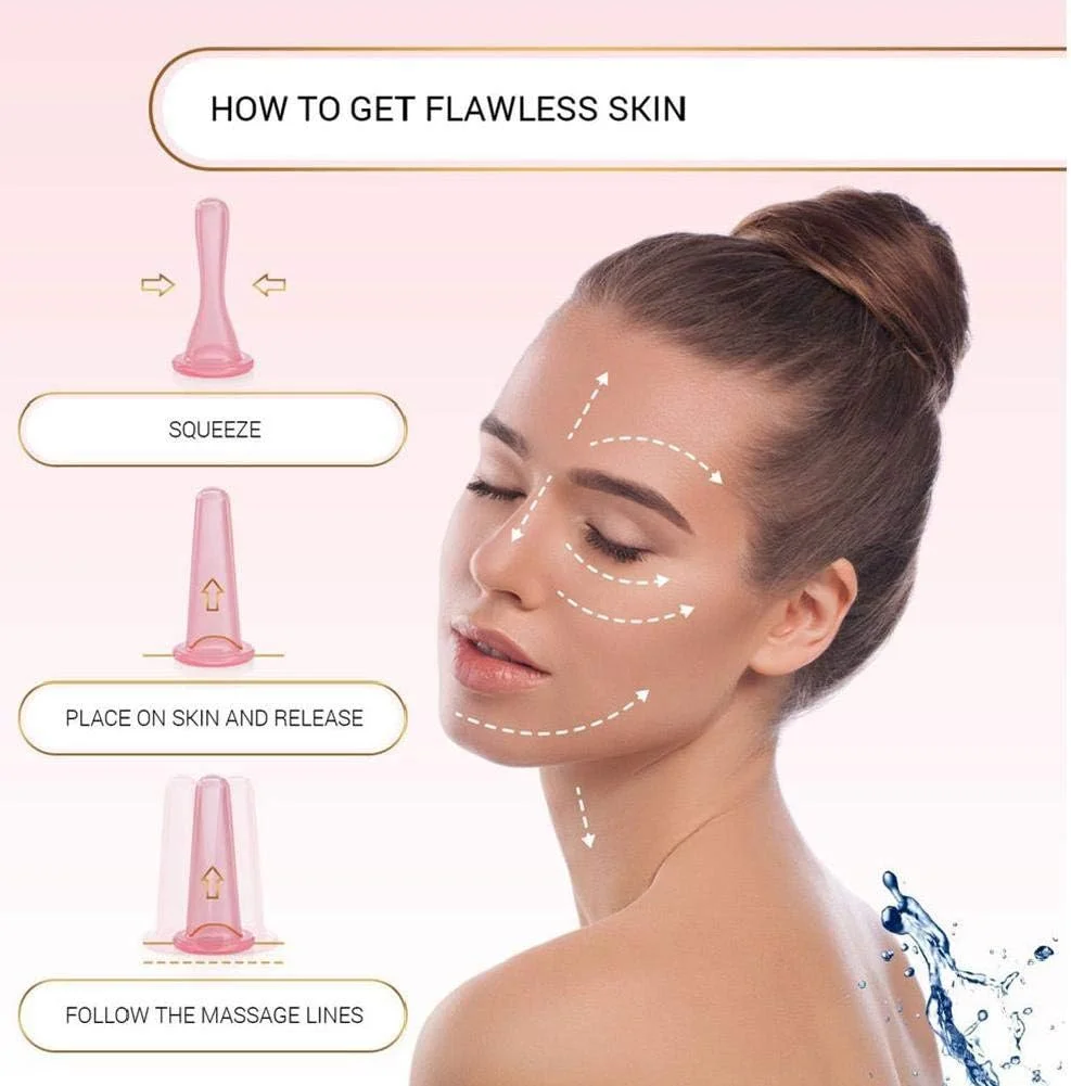 ست ماساژ صورت سیلیکونی، شامل 4 عدد کاپ ماساژ صورت و چشم، ابزار زیبایی مراقبت از پوست طبیعی (صورتی)، دارای مکش دستی