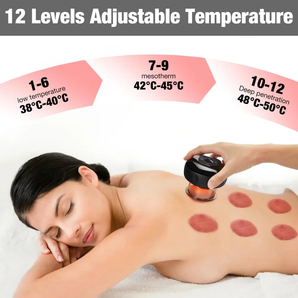 ماساژور حجامت الکتریکی مادون قرمز با 12 سرعت، دستگاه حجامت هوشمند با صفحه نمایش LED، ماساژور خلاء با 3 سر حجامت خلاء