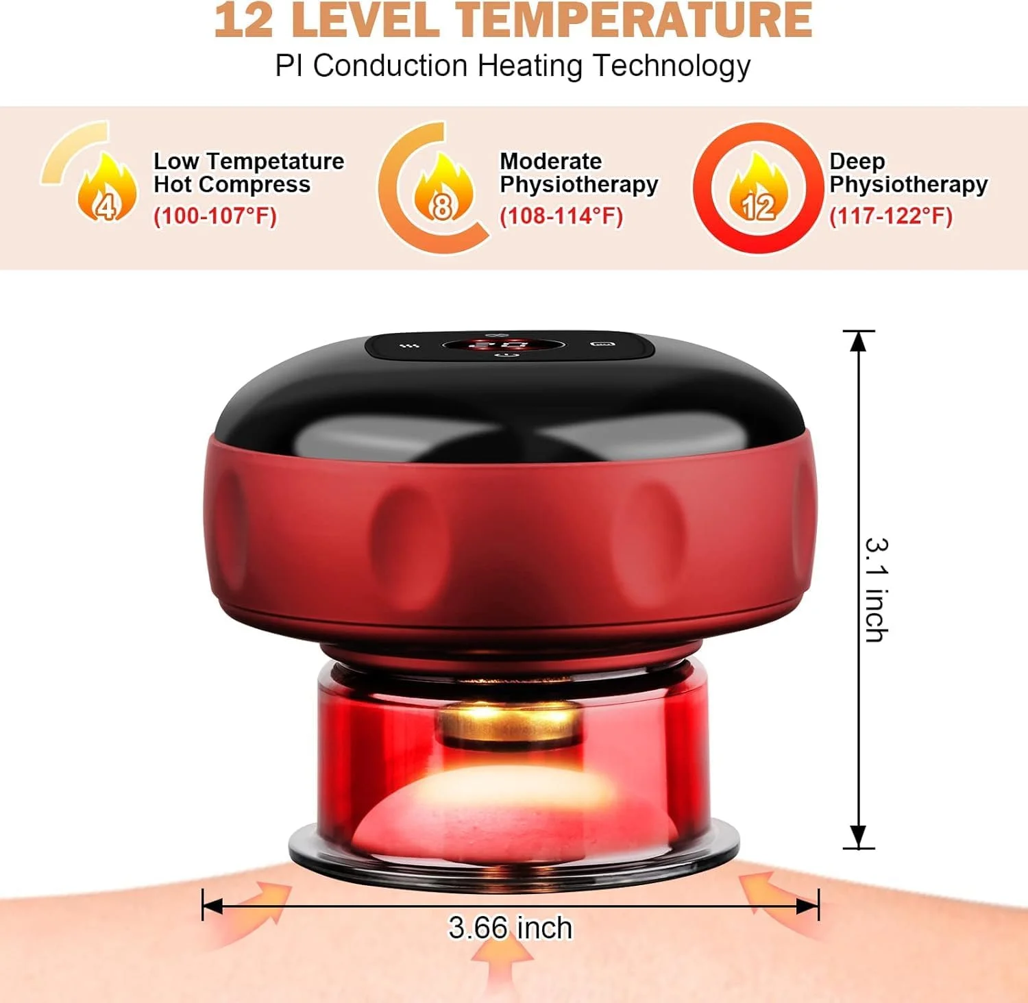 دستگاه کاپینگ تراپی برقی - دستگاه کاپینگ دینامیک هوشمند، دستگاه وکیوم تراپی 3 در 1 برای سلولیت، ابزار اسکرپینگ و کاپینگ، 12 سطح دما و مکش
