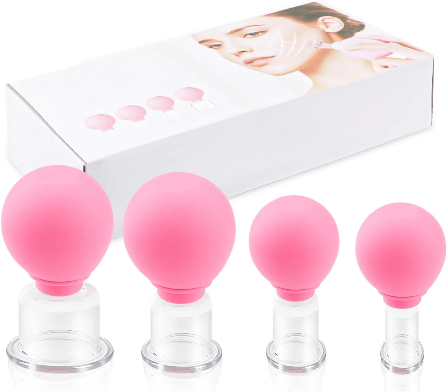 مجموعه ۴ عددی کاپینگ صورت برای ماساژ صورت و بدن، با شیشه و سیلیکون (صورتی)