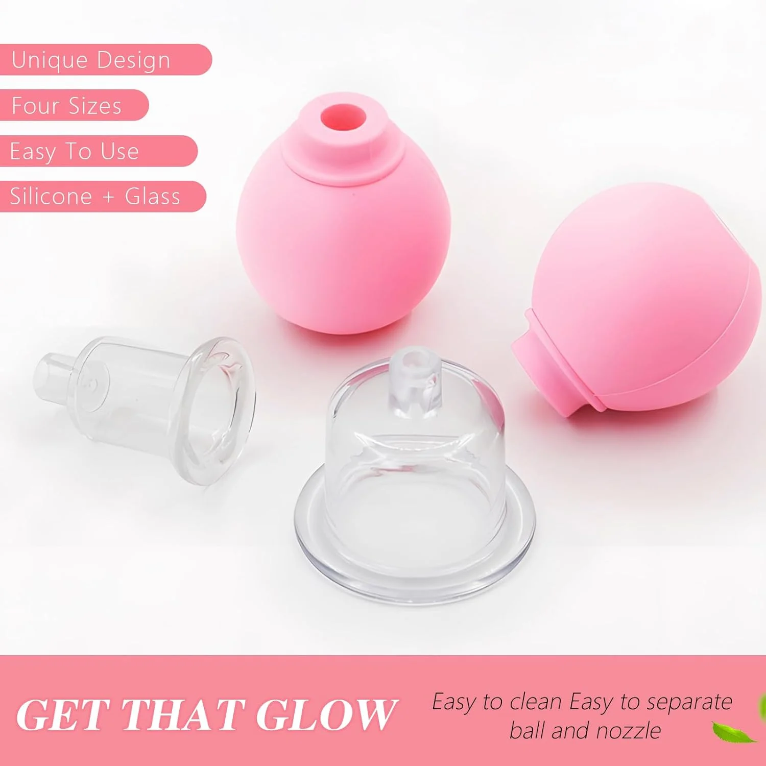 مجموعه ۴ عددی کاپینگ صورت برای ماساژ صورت و بدن، با شیشه و سیلیکون (صورتی)