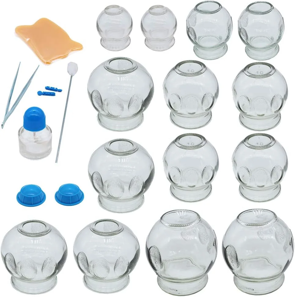 مجموعه ۱۴ عددی کاپینگ تراپی، مجموعه کاپینگ شیشه ای ضخیم برای متخصصان، ابزار کاپینگ سنتی چینی، لیوان های کاپینگ