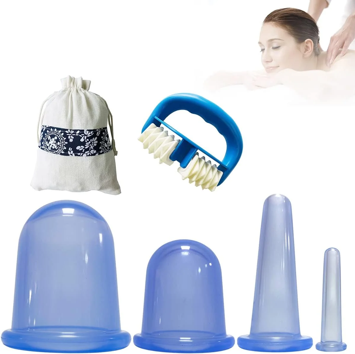 مجموعه 5 عددی لیوان حجامت سیلیکونی برند HANNEA® – لیوان ماساژ مکش خلاء ضد سلولیت به همراه ماساژور غلطکی برای درمان سلولیت، تسکین درد عضلانی، تخلیه لنفاوی بدن و کمر