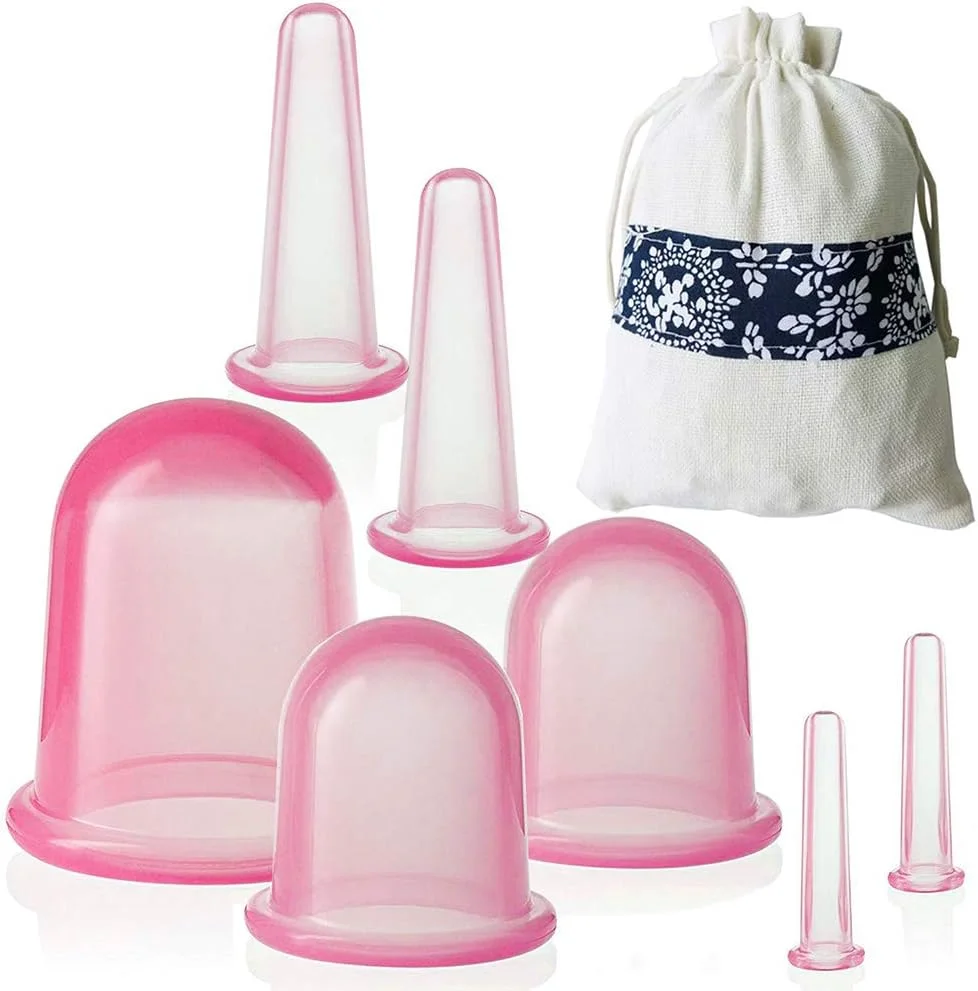 مجموعه ۷ عددی لیوان سیلیکونی حجامت ضد سلولیت چینی، مناسب استفاده خانگی، لیوان ماساژ صورت و بدن، به همراه کیف پارچه ای برای تسکین درد عضلات و درمان سلولیت (صورتی)