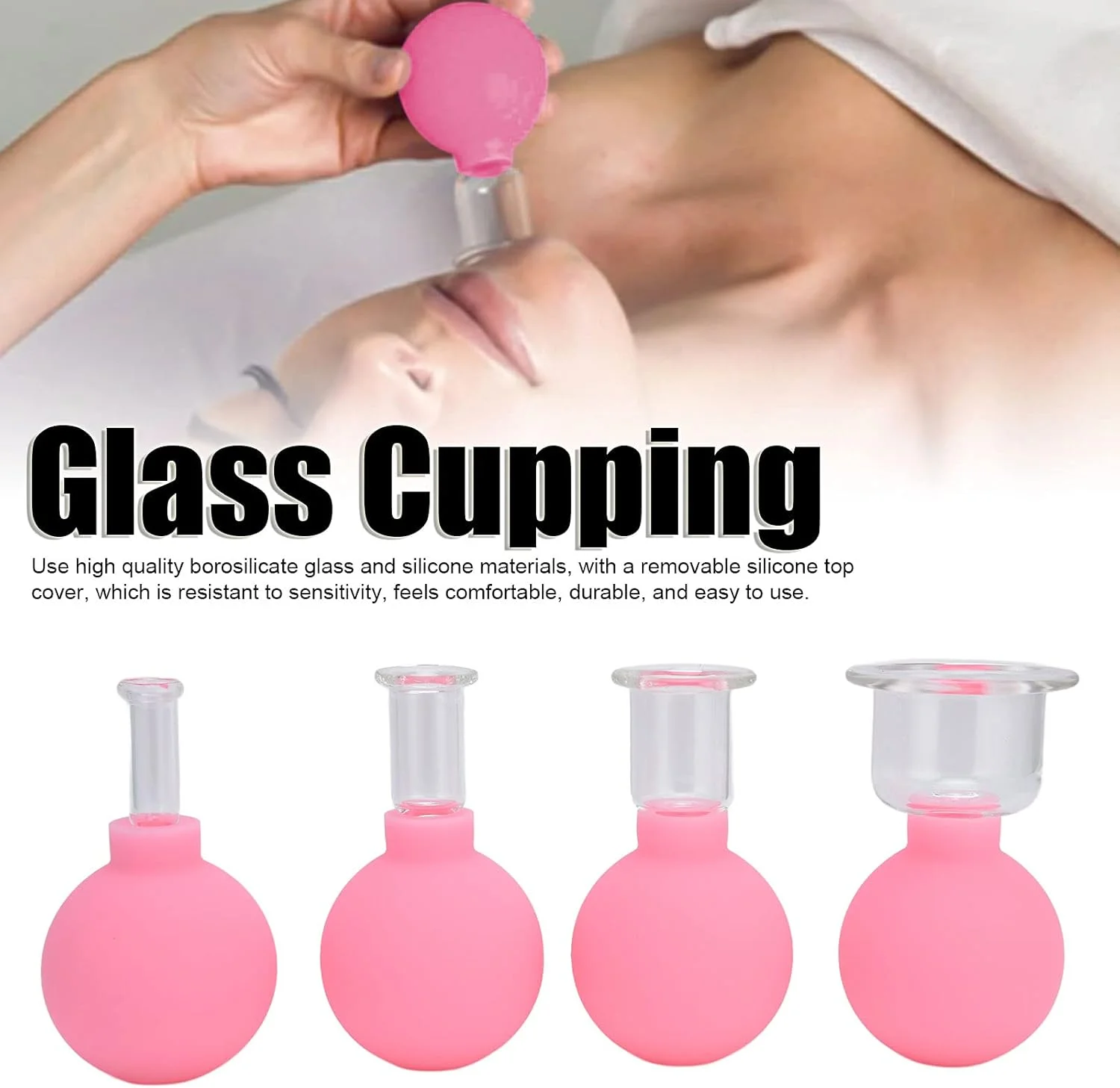 مجموعه لیوان حجامت شیشه ای JEOZBM، 4 عدد لیوان سیلیکونی شیشه ای، لیوان ماساژ خلاء برای بدن، صورت، پا، بازو، پشت، شانه، عضلات (صورتی)