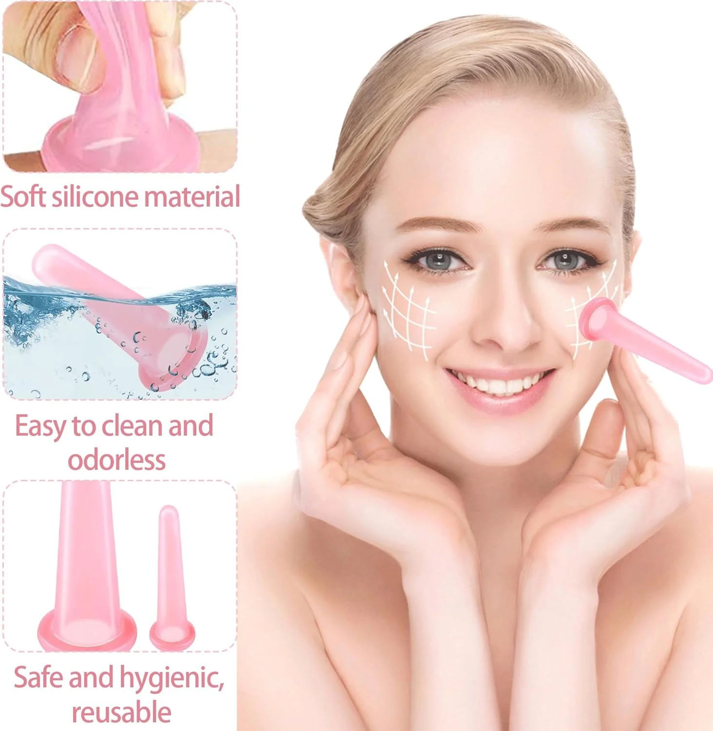 مجموعه لیوان حجامت صورت، 4 عددی، ماساژور ضد سلولیت صورت، مراقبت بهداشتی، لیوان های سیلیکونی وکیوم برای ماساژ صورت و چشم (صورتی)