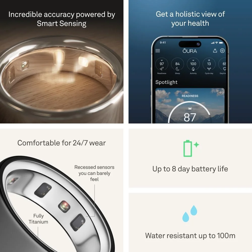 حلقه هوشمند Oura Ring 4 | حلقه هوشمند | ابتدا سایز را با کیت سایزبندی Oura Ring 4 مشخص کنید | ردیاب خواب - ضربان قلب - ردیاب تناسب اندام - عمر باتری تا 8 روز