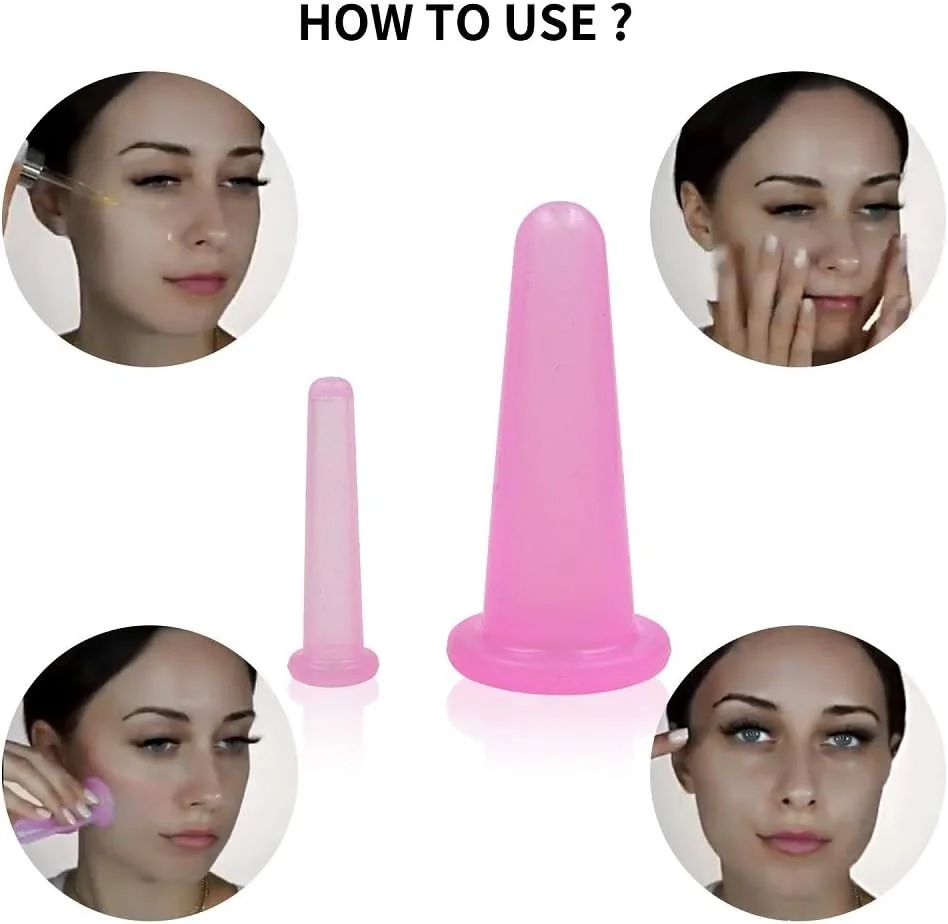 ست ۴ عددی کاپینگ صورت، کاپ ماساژ صورت سیلیکونی طبیعی برای بدن، صورت، گردن، پشت، ماساژ چشم، مخزن خلاء، ایده آل برای بدن، مراقبت از صورت، ابزار زیبایی ضد پیری (۲ کوچک و ۲ بزرگ، صورتی)
