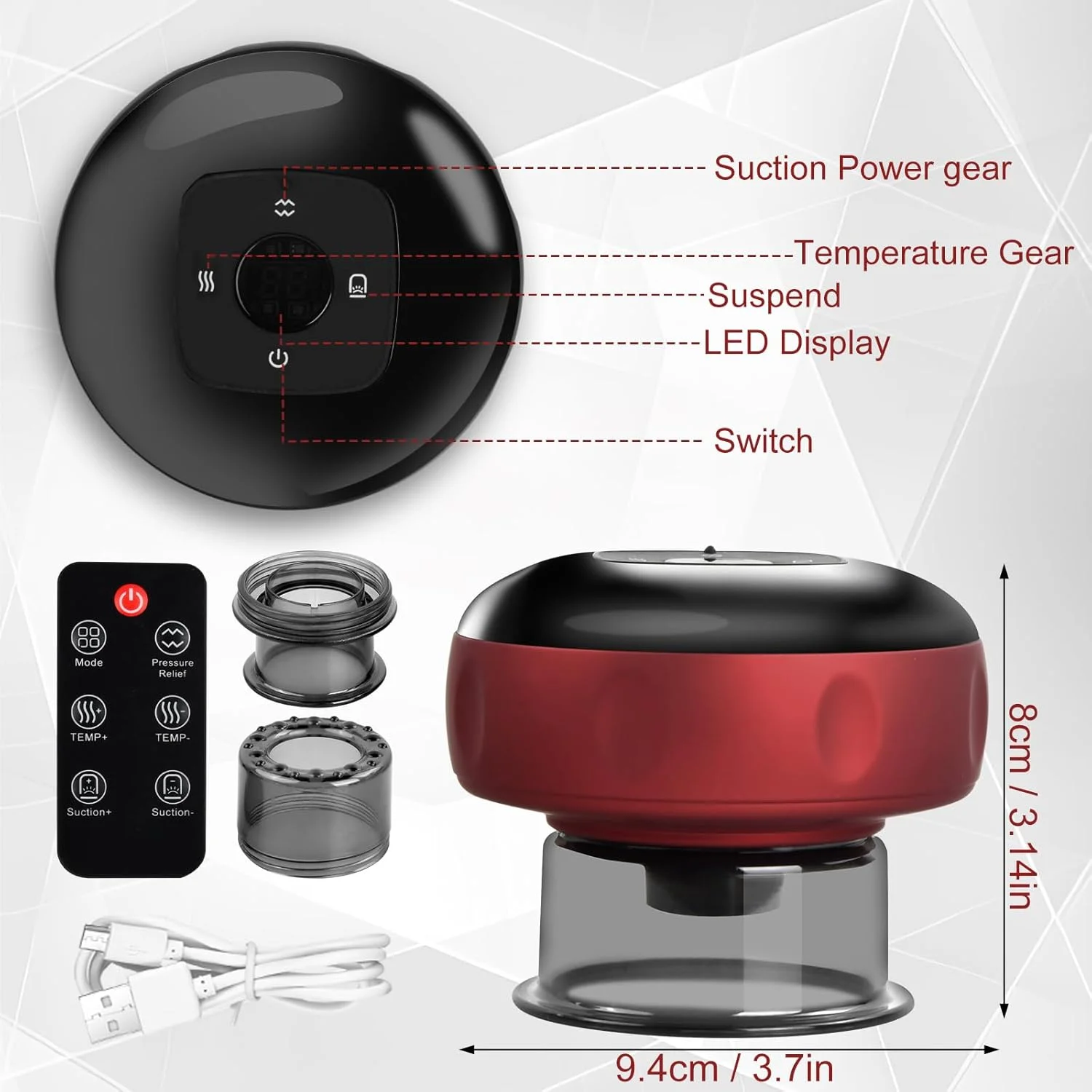 دستگاه حجامت الکتریکی مادون قرمز Mapille با 12 حالت و کنترل از راه دور، ماساژور حجامت گواشا، درمان حجامت، ماساژور وکیوم برای تسکین درد، سم زدایی بدن (قرمز)