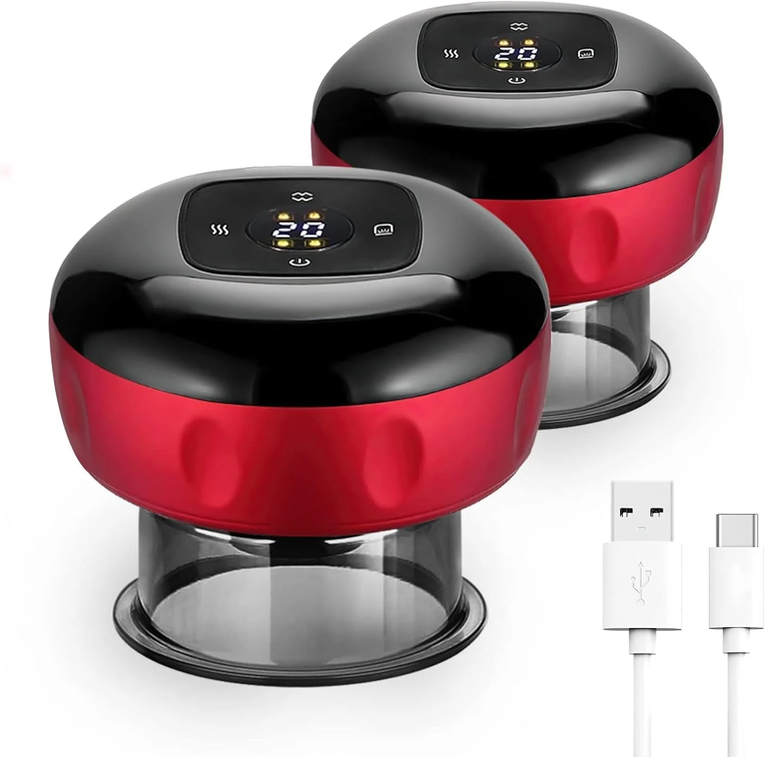 ماساژور حجامت هوشمند 4 در 1 با 6 سطح دما و مکش، ست حجامت قابل شارژ با نور قرمز برای تسکین هدفمند درد و گرفتگی عضلات (2 عدد قرمز)