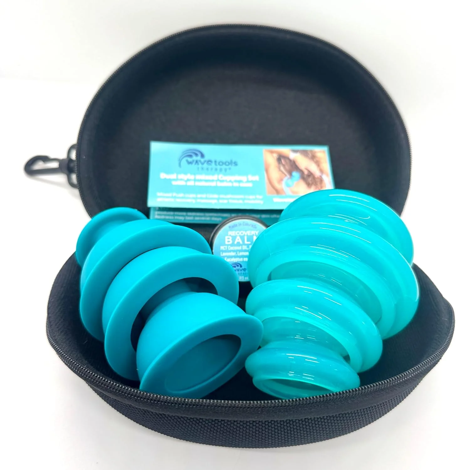 ست ماساژ درمانی حجامت سیلیکونی دوگانه با بالم کاملا طبیعی، بسته های مخلوط 4 یا 6 عددی با کیف (لیوان شفاف فیروزه ای، بسته 6 عددی: 2 عدد لیوان فشاری بزرگ و 1 عدد کوچک / 1 عدد لیوان لغزنده کوچک، متوسط، بزرگ)