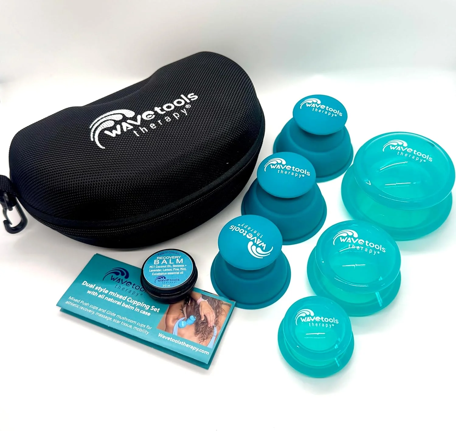 ست ماساژ درمانی حجامت سیلیکونی دوگانه با بالم کاملا طبیعی، بسته های مخلوط 4 یا 6 عددی با کیف (لیوان شفاف فیروزه ای، بسته 6 عددی: 2 عدد لیوان فشاری بزرگ و 1 عدد کوچک / 1 عدد لیوان لغزنده کوچک، متوسط، بزرگ)